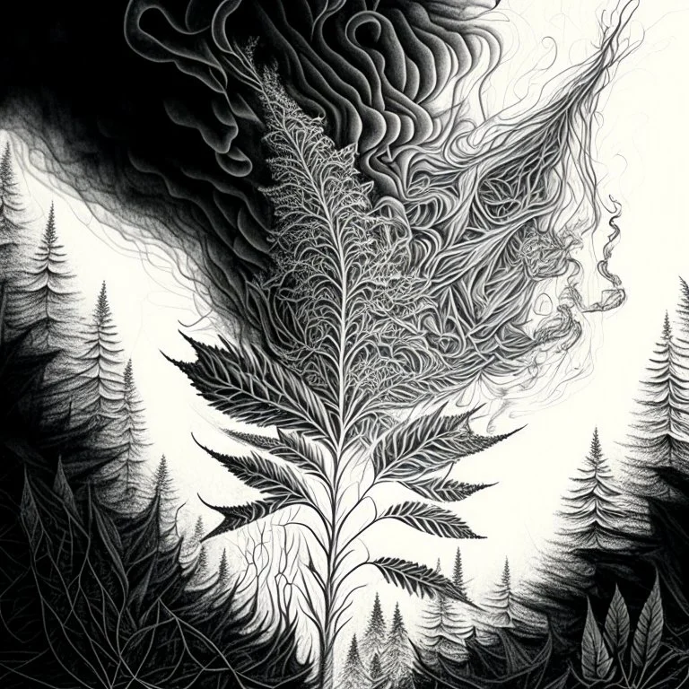 Sketch a composition where intricate smoke patterns transform into a forest of towering trees made entirely of crushed weed leaves, filling the canvas with a surreal and visually captivating asymmetrical patterns. Pencil Drawing