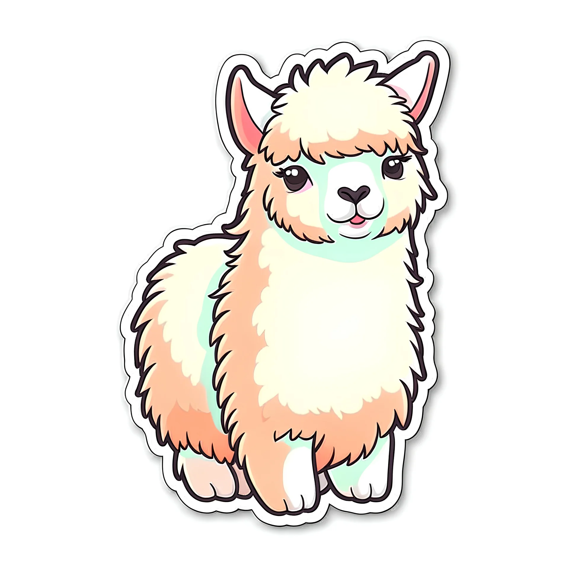 An endearing alpaca sticker with a thick, fluffy coat and large, soulful eyes in pastel colors sticker on white background.