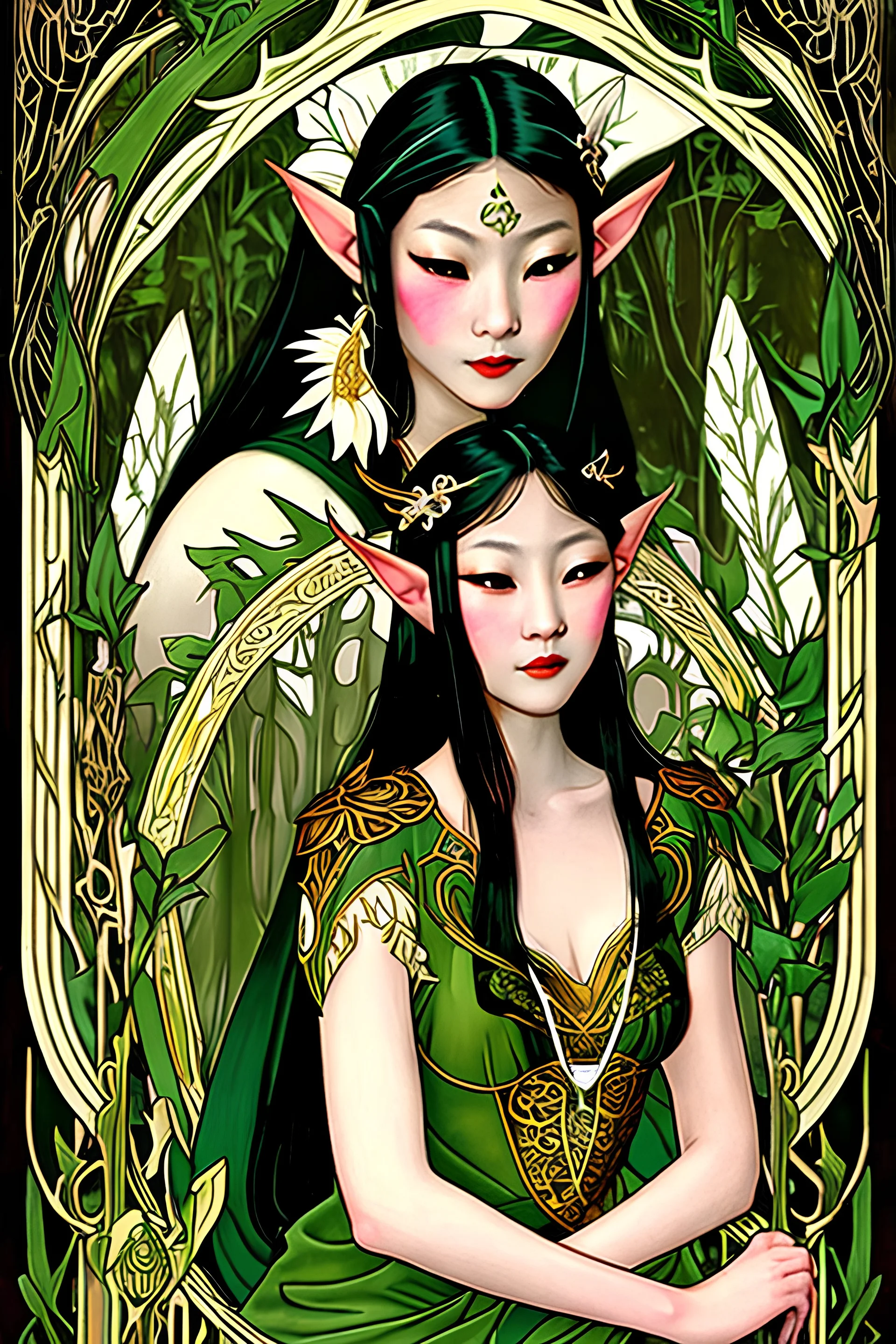 Art Nouveau art style A beautiful as a model asian woodland elf princess who looks like a young Lucy Liu seated on a throne in a mystical forest, photo-realistic