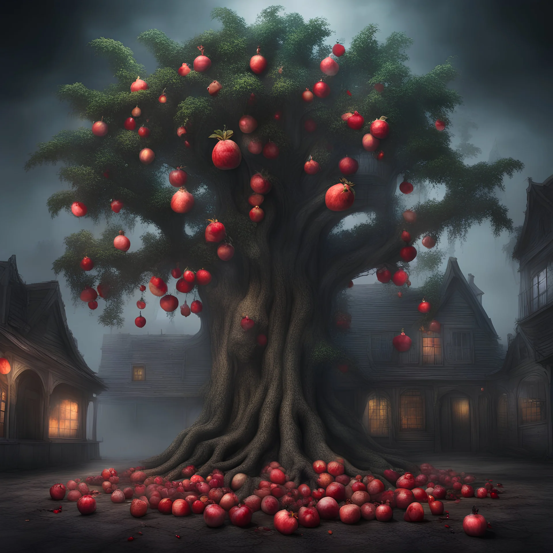 Hyper Realistic massive huge tree with pomegranate & mango fused fruits outside a haunted house at thick fogy night