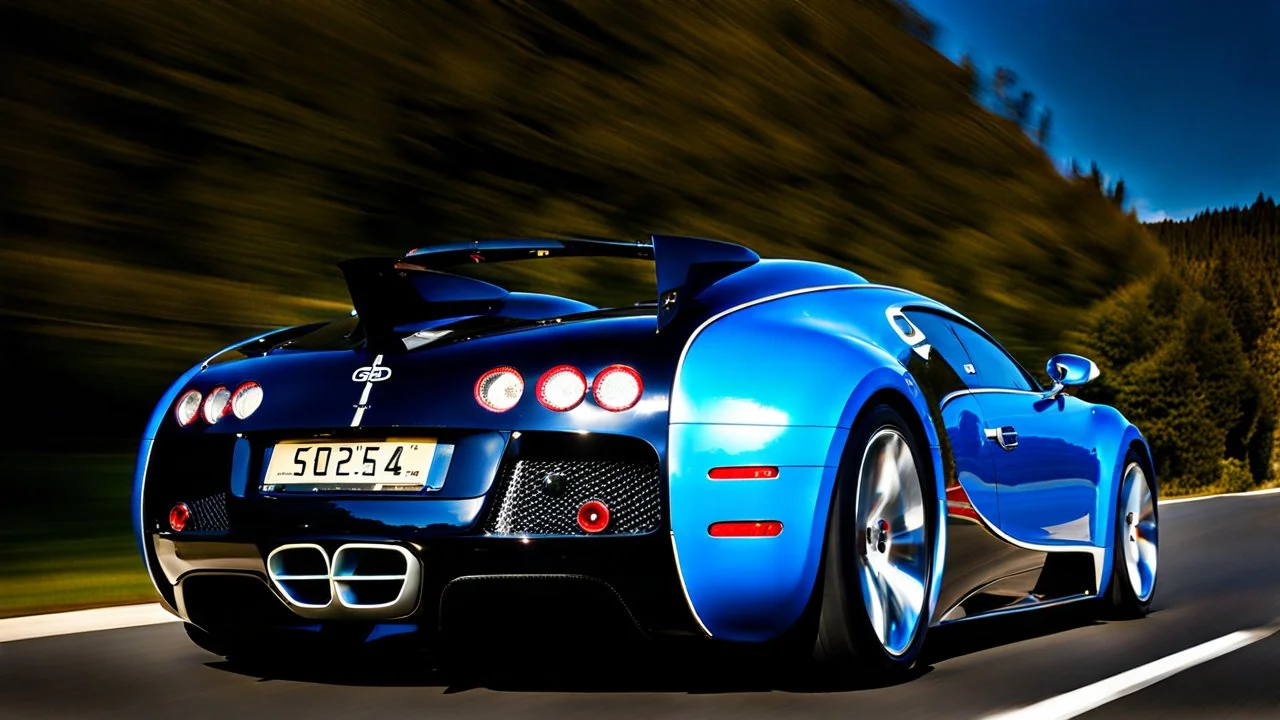 A sleek (((bugatti hyper super veyron))),, cutting through a (((clear bright blue morning sky))) rear view