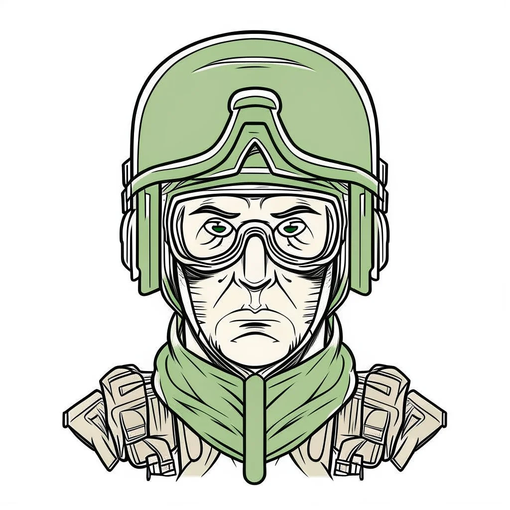 Avatar of a war torned soldier wearing a half ski mask and aviator glasses