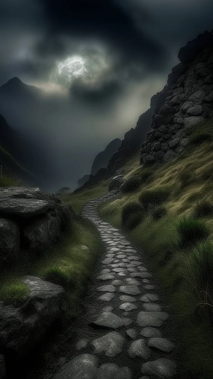 narrow stone path above the ground gradually getting higher into the clouds no railings, dangerous drop people in black leathers medievil period weather is wet spiraling into the clouds fantasy, a valley in mountains with a moon showing in the background human skuo on the sides of the trail