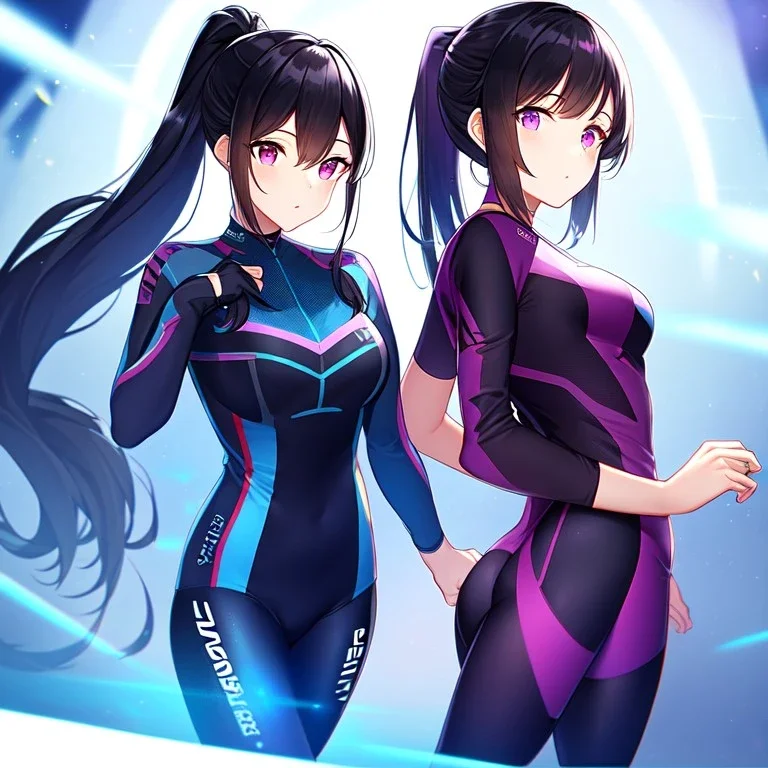 girl, masterpiece, best quality, volumetric lighting, detailed outfit, perfect eyes, black hair, long hair, purple eyes, ponytail, bike outfit,