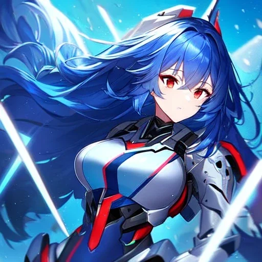 girl, masterpiece, best quality, volumetric lighting, dynamic pose, detailed outfit, perfect eyes, blue hair, red eyes, messy hair, long hair, mech outfit,