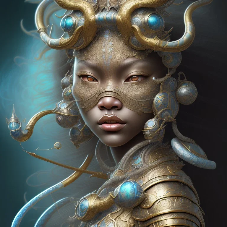 Sango fantasy, fantasy magic, intricate, sharp focus, illustration, highly detailed, digital painting, concept art, matte, art germ and Paul Lewin and Kehinde Wiley, masterpiece Indonesian lady head bronze tiger Asian African girl nice breast Hawaiian hair turquoise silver waves