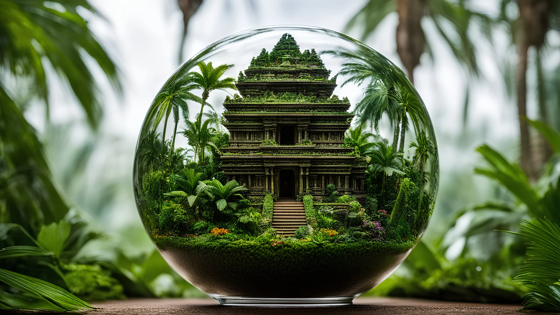 The miniatur temple aztec in jungle palms in ball glass is an abstract concept that refers to a world made entirely of flowers or plants, often in a fantasy or mythical setting. The flower planet in this image appears to be a baroque world, with ornate spiral patterns and intricate designs.