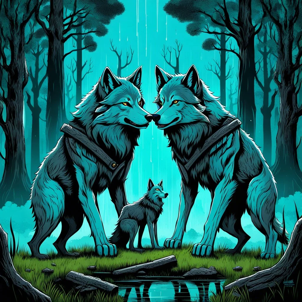 digital art two anthropomorphic wolves just in gray body hair carry together in their paws a heavy blackshmit anvil in a blue-green meadow, in the background dark trees with huge trunks, rainy day, high contrast, high detail, atmospheric, dark fantasy, sci-fi atmosphere, cinematic