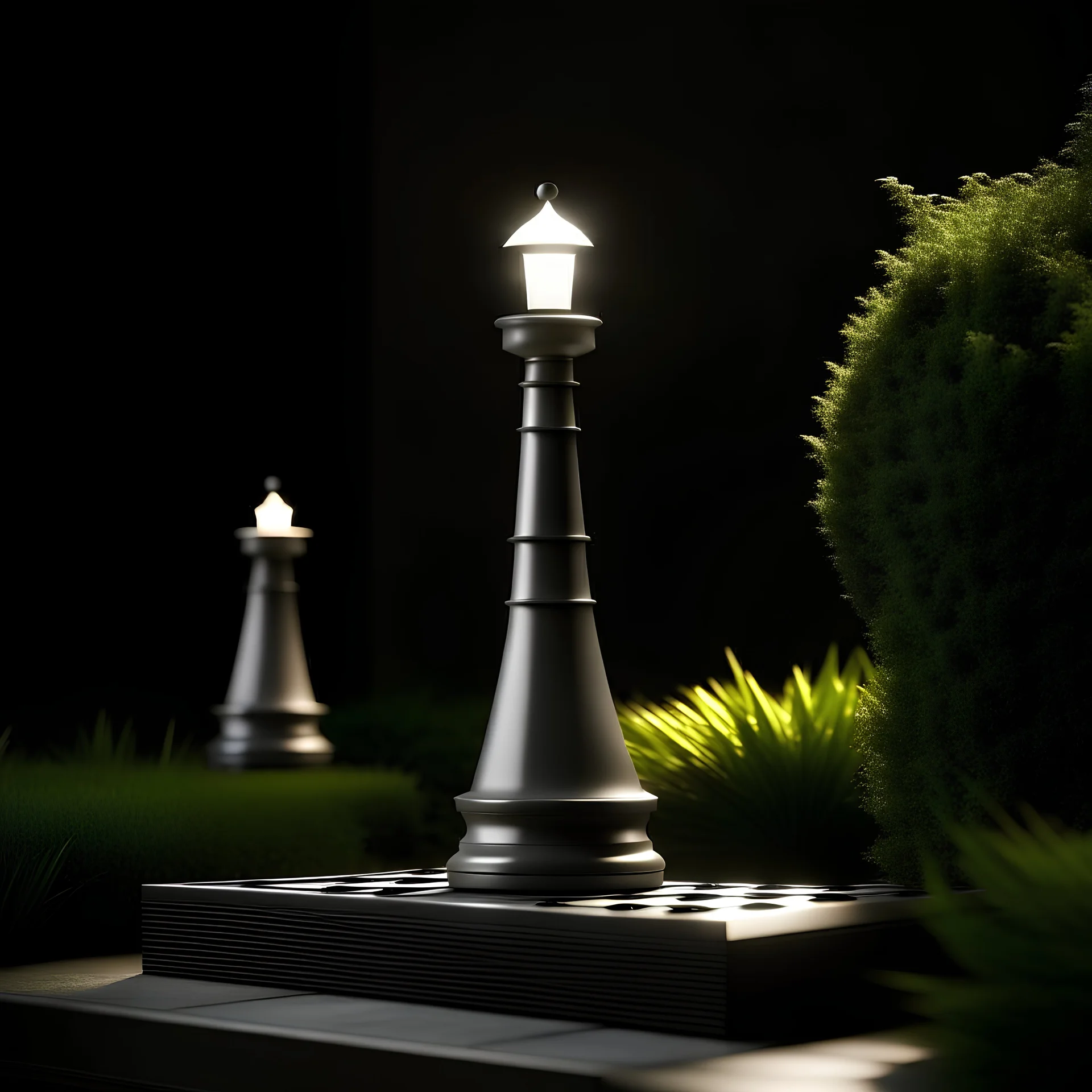 garden light, rook in chess shape lighting, retro-modern style, minimalist design, simple rectangular form, grey background