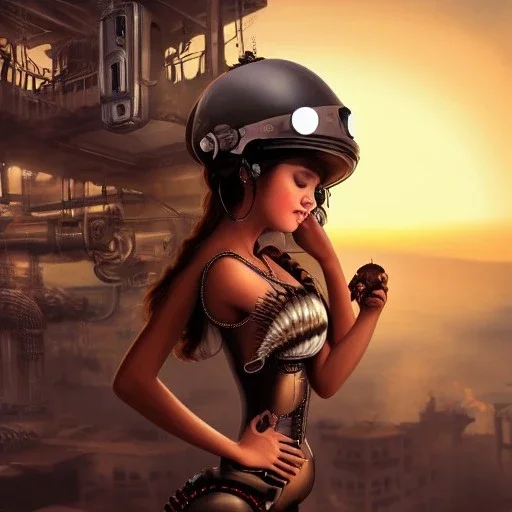 great illustrator, spanish, realistic rendering of a cute spanish girl kissing a robotig bird, beautiful, steampunk style. Helmet with tubes. Machinery in the background. robotic bird flying. High details. 4k. unreal engine, sunset