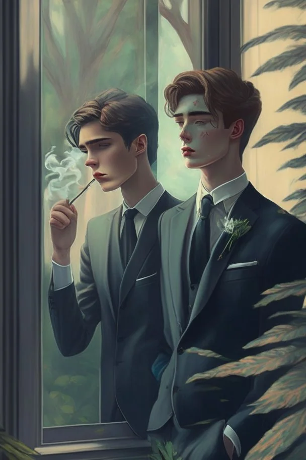 20 Year boy with pretty face he is gay and gentle. smoking behind window while looking outdoor trees. His in a full official suit. Two of his boyfriends around him