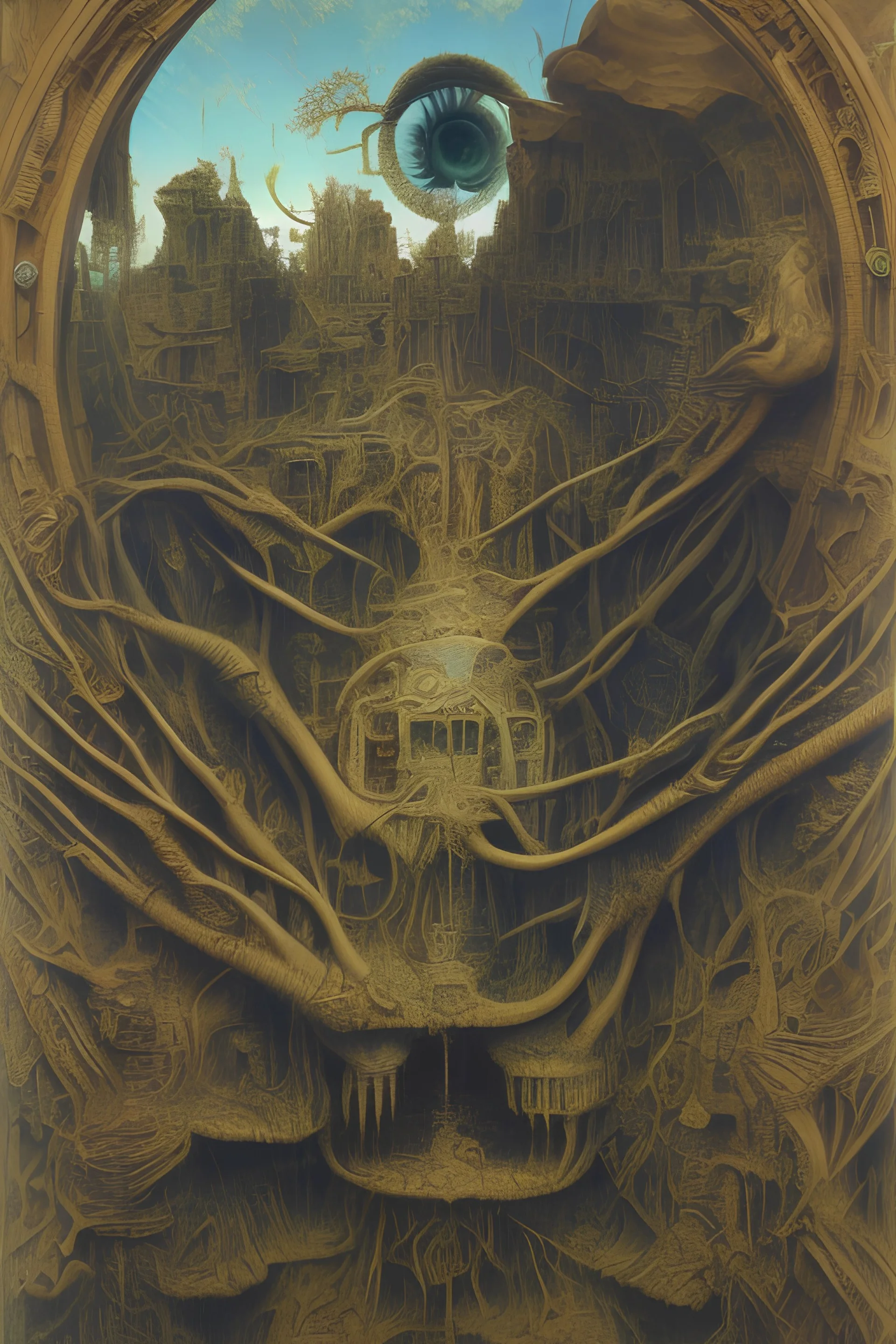 An incredibly creepy detailed masterpiece collaborative painting by Max Ernst, Roger Dean, Leonardo da Vinci, ornate, detailed, high resolution, polaroid, intricate, volumetric light