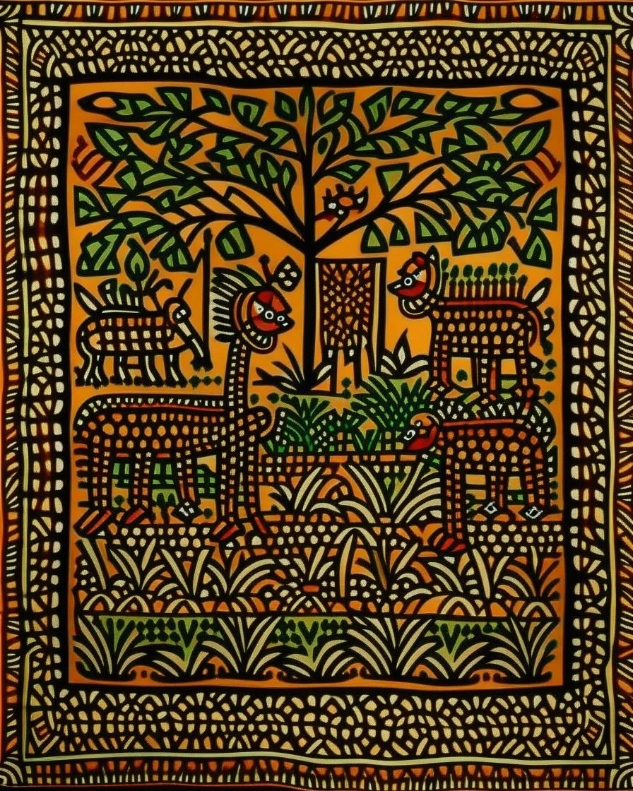 A brown savanna with leafy trees designed in Moroccan rug art painted by Keith Haring