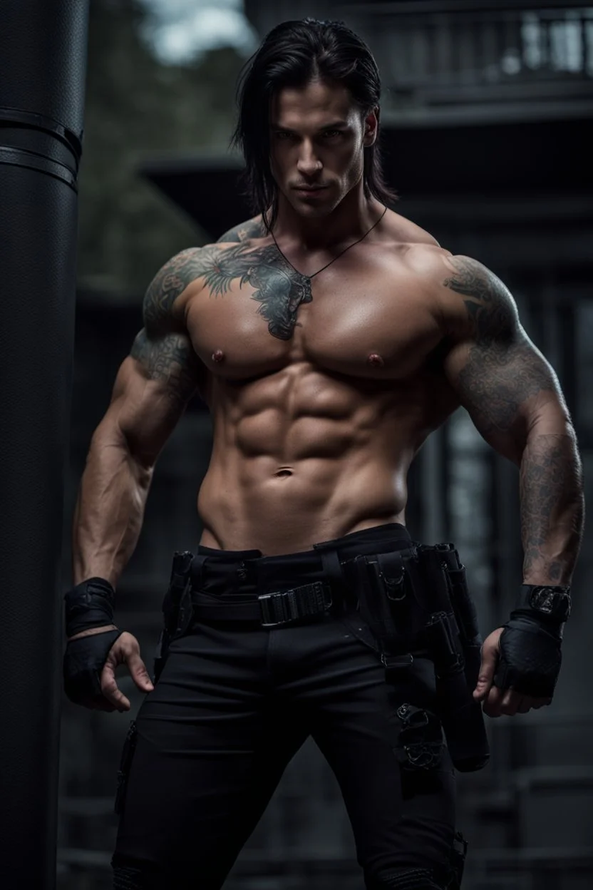 Handsome muscular alpha male, 30 years old, Dark eyes, Long brown hair, bare chest covered in tattoos and scars. wearing black combat trousers and heavy boots, hyperrealistic, 4k, dark fantasy, large house in the background