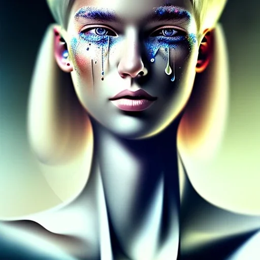 Portrait of a young blonde men. Tears the colour of oil. Happier seeping out of her eyes nose and mouth like a oil spill