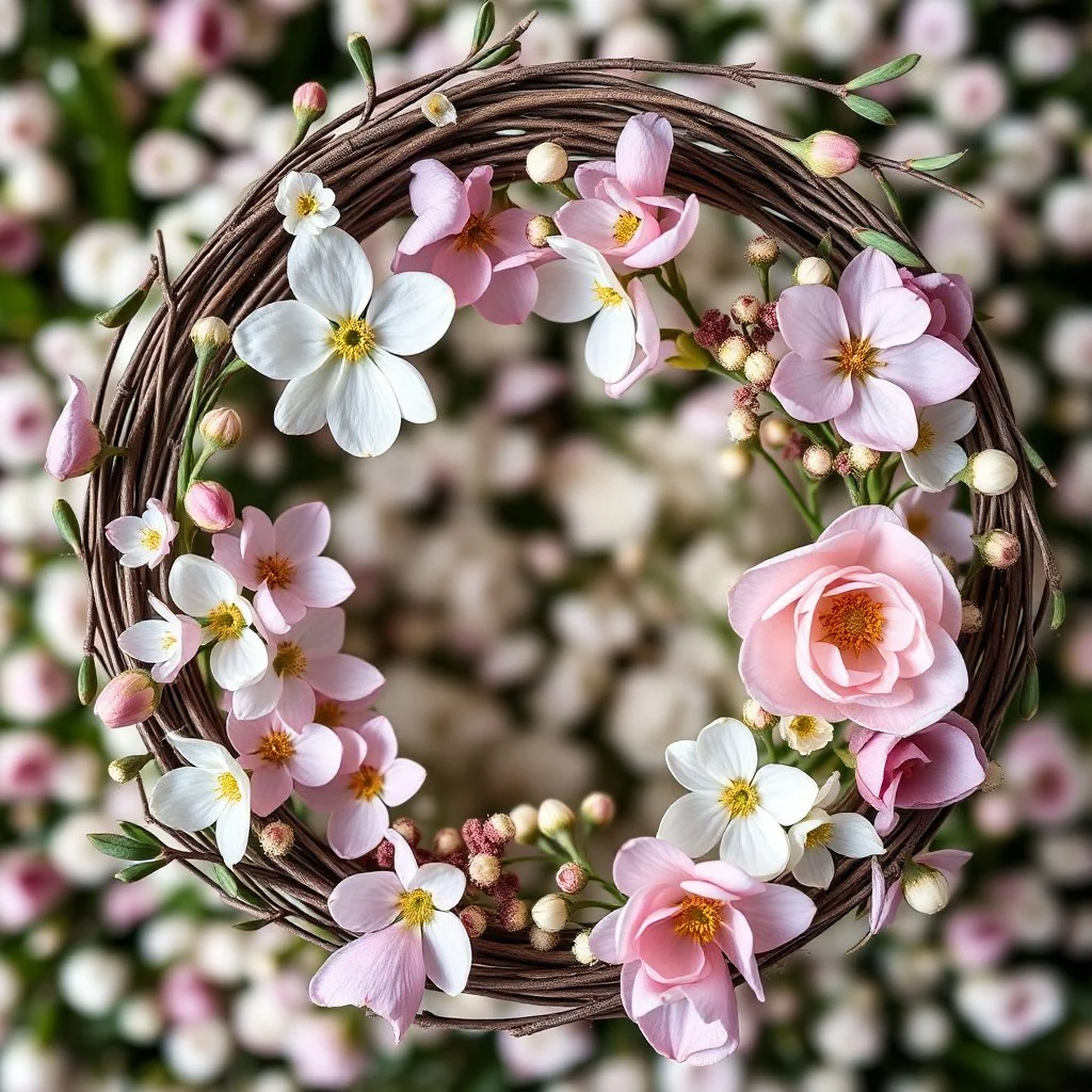 A hyper-realistic photograph of spring flowers and willow branches arranged in a wreath, top view composition, natural and soft mood, photorealistic style, macro photography, spring background, diffused natural lighting, pastel and fresh tones, ultra high resolution --ar 16:9