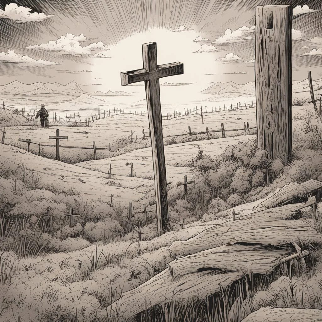 one dirt grave, wood cross, comic book, illustration,