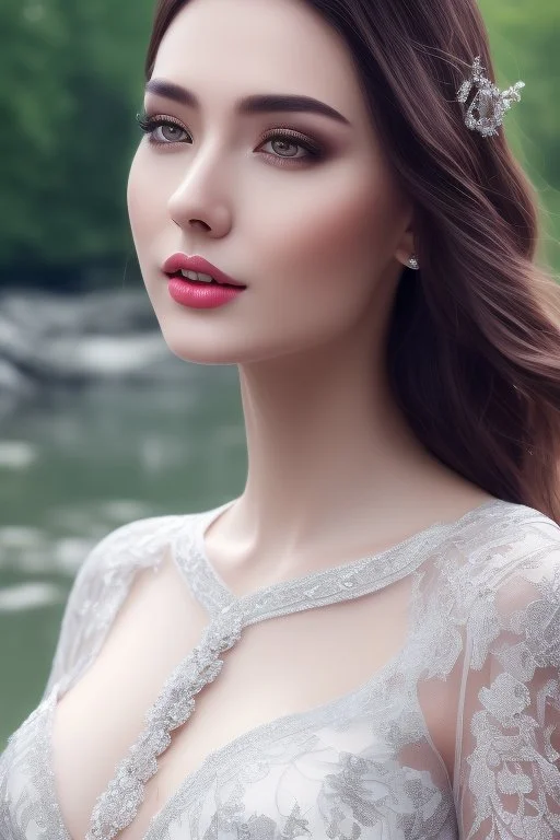 full body long shot of roman, realistic face, accurate and detailed facial features, symmetric eyes, big lips,(purple lips), pale skin, ample cleavage, silver gray lace tube top ,standing in river side next a old tree.