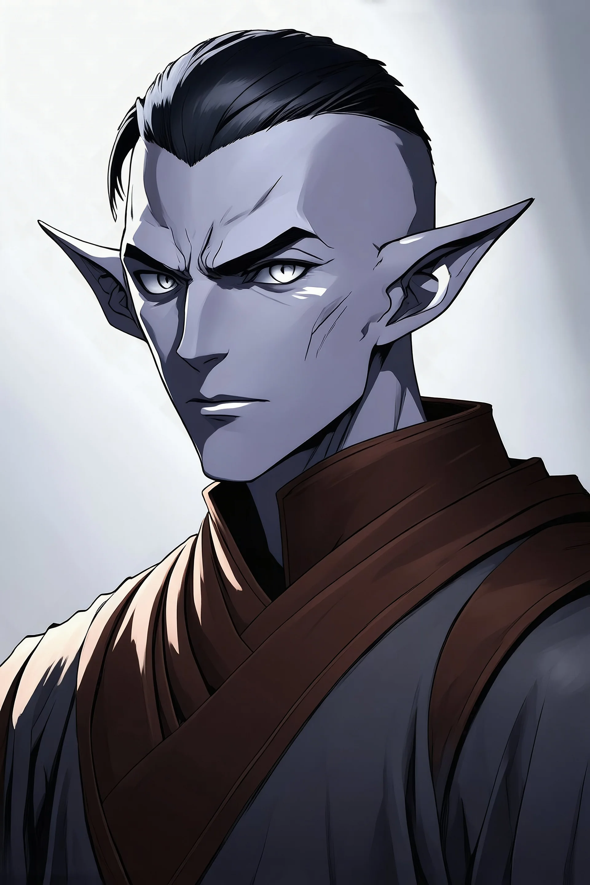 Эльф мужчина дроу, зачесанными назад волосами с гетерохромией, в монашеской одежде