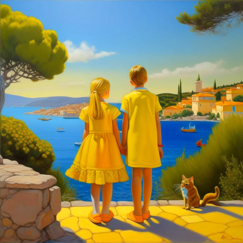 Neoclassicism realistic yellow cote d'azur landscape sea 2 childeren standing with cat