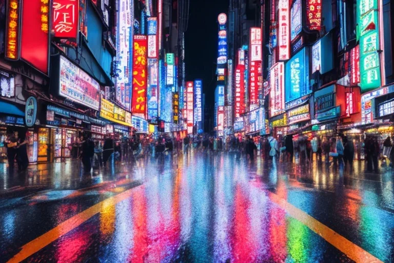 Cinematic view of Tokyo city at night, melancholic, buildings with blue neon signs and flags, rain, high definition, 3D