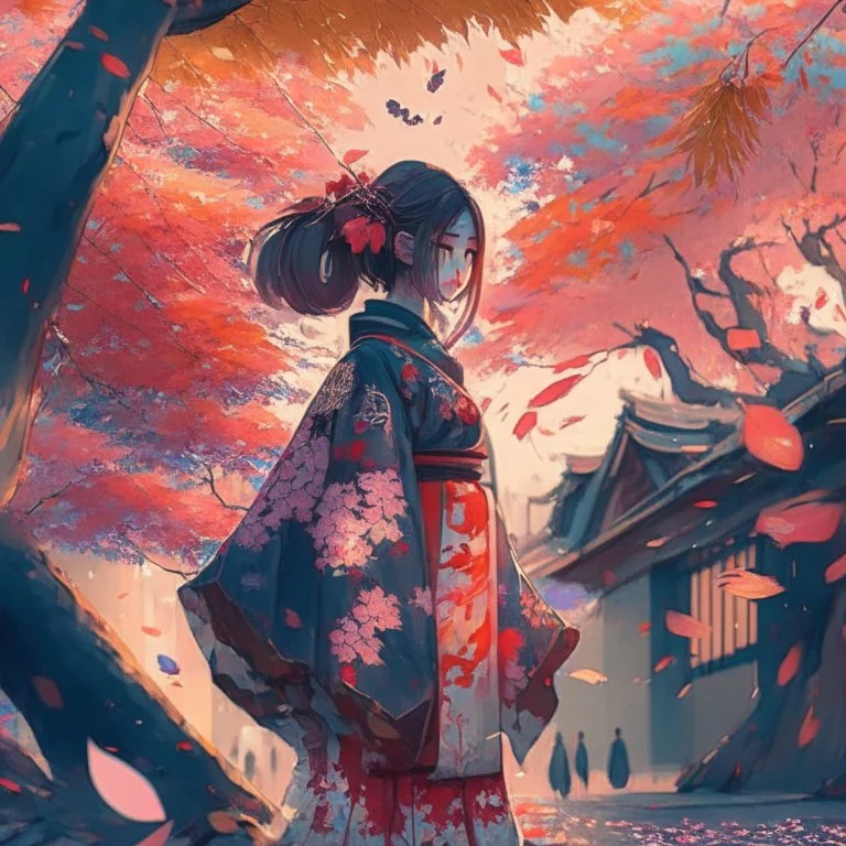 a girl wearing a kimono with ornaments and the leaves falling from the trees near a street filled with beautiful cherry trees futurism, digital art, full details, high resolution, colorful, 4k, HD