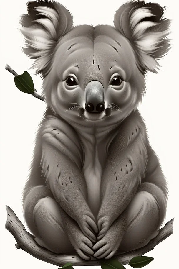 A delightful coloring page design showcasing an adorable baby koala in a charmingly naive art style. The artist has skillfully created a whimsical scene with minimal details and a focus on bold, thick black outlines. The endearing fox, prominently positioned in the center, is the highlight of this illustration. The all-white background beautifully complements the simplistic design, allowing young artists to unleash their creativity. As the baby fox takes center stage, a subtle hint of its