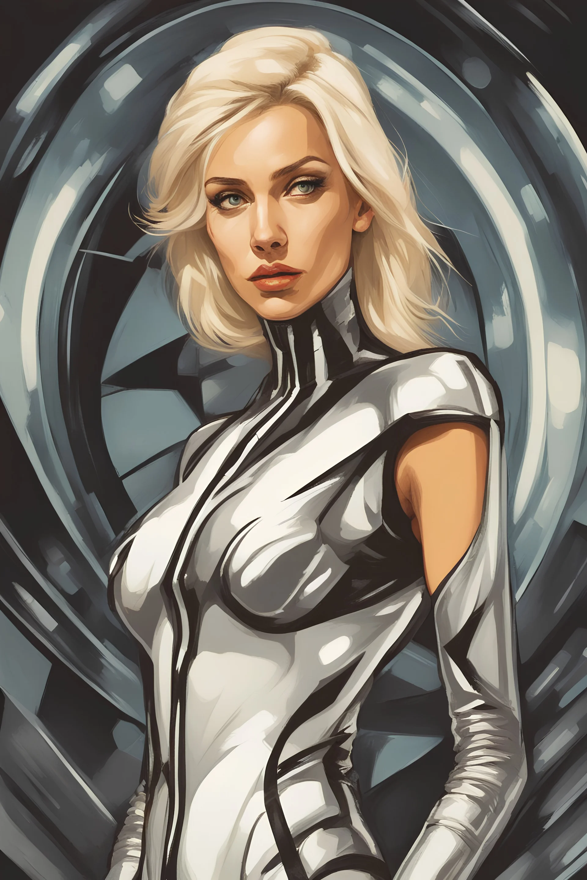 a blonde woman in futuristic dress, graphic novel style, make oil painting