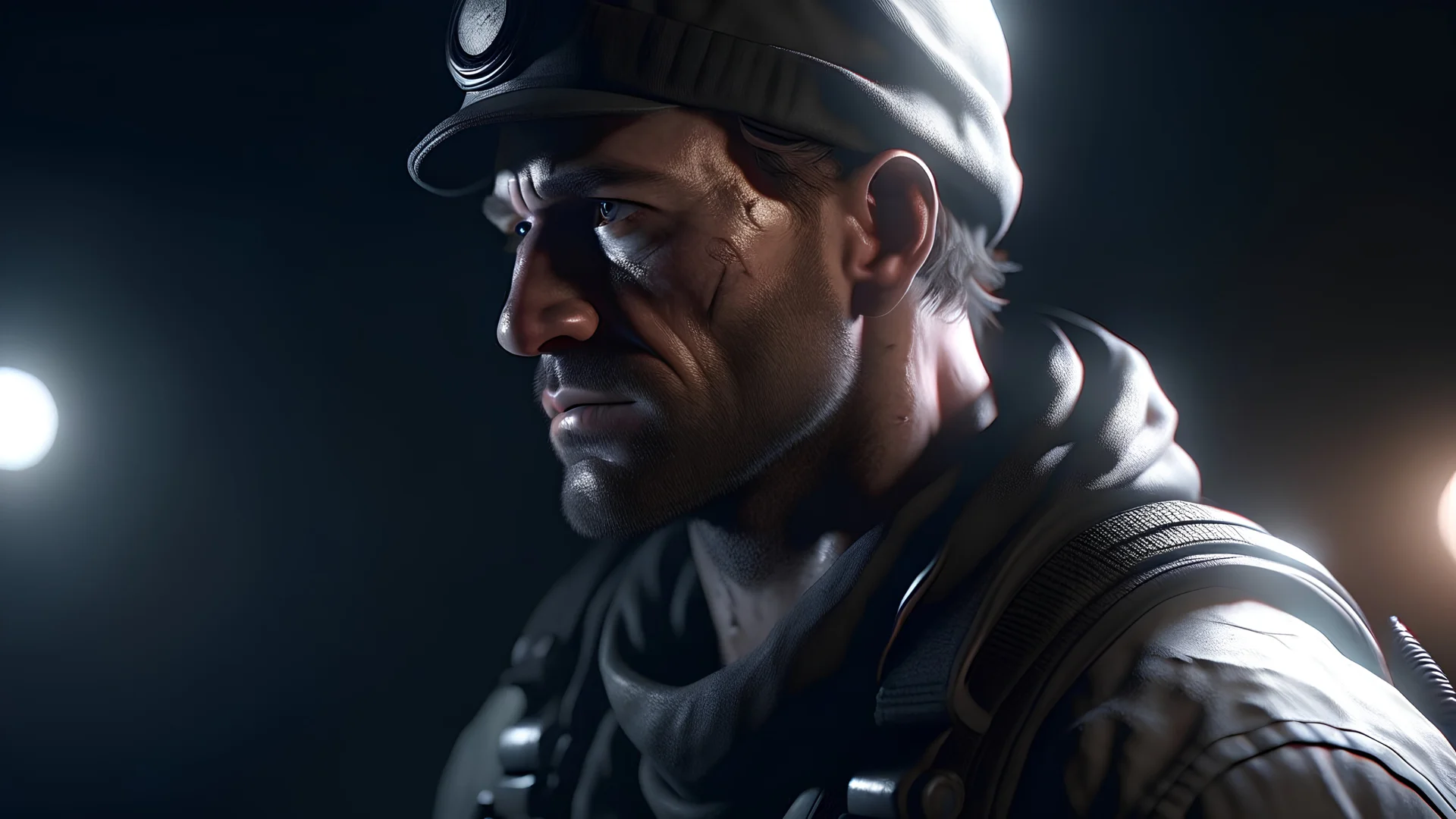 a man , detail, smooth render, learn machine scenery, comunity, many people, mineral water, full body, mad max charger, down-light, dark winter, ar 16:9