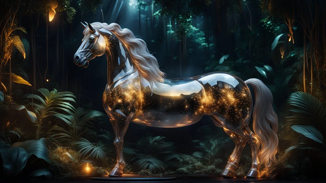 Hyper Realistic Crystal-horse-with-glowing-golden-horn inside a jungle at dark night showing dramatic & cinematic ambiance.