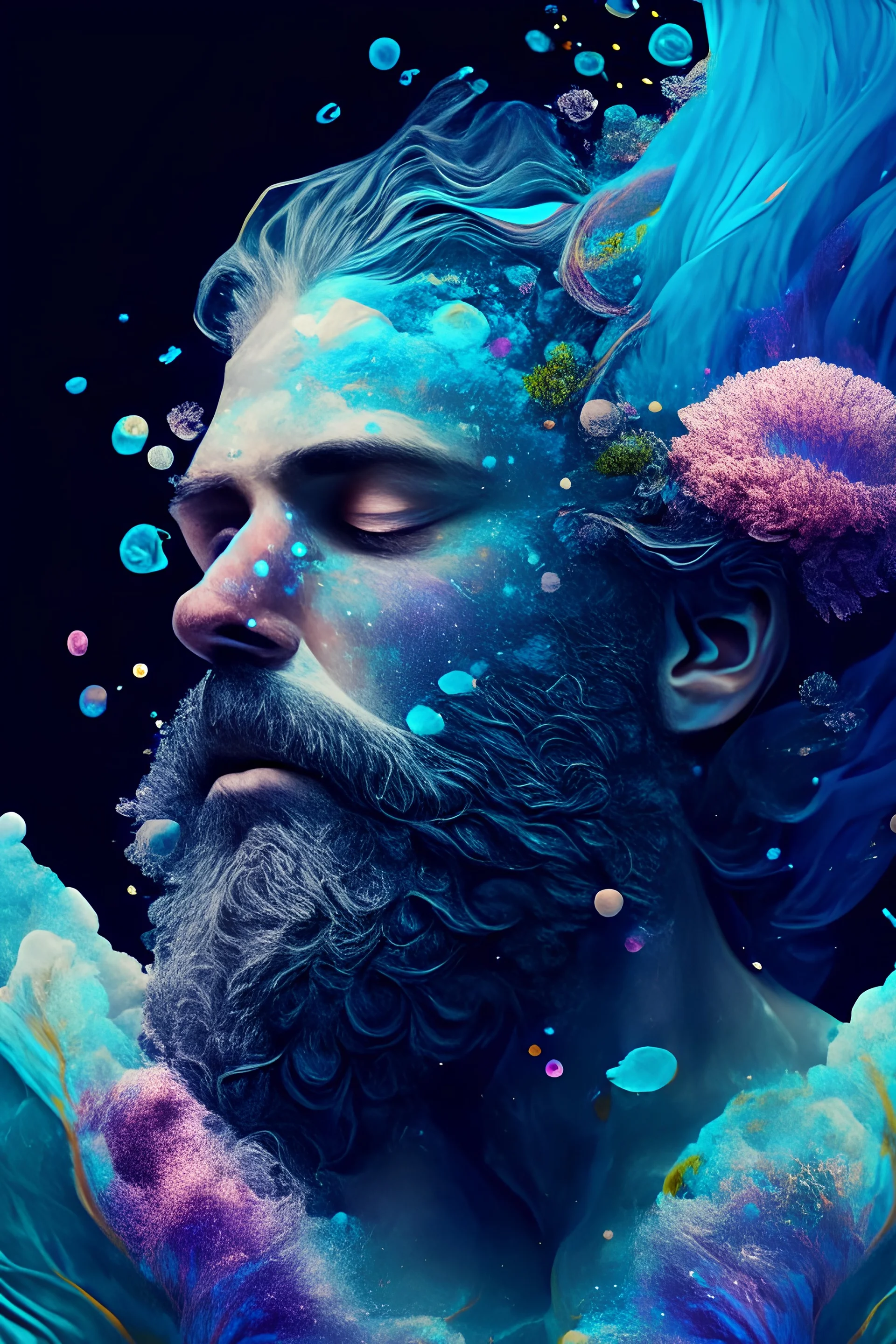 a man with a beard and flowers in his hair, volumetric underwater lighting, promotion artwork, aquarius, by Sam Spratt, inspired by Alberto Seveso, the ayahuasca spirit, featured on artsation, inspired by Théodule Ribot, blue - petals, connectedness, vector images, flourishing nature, an ultrafine detailed painting, inspired by Alberto Seveso, psychedelic art, behance contest winner, exquisite digital illustration, no trespassing canva border