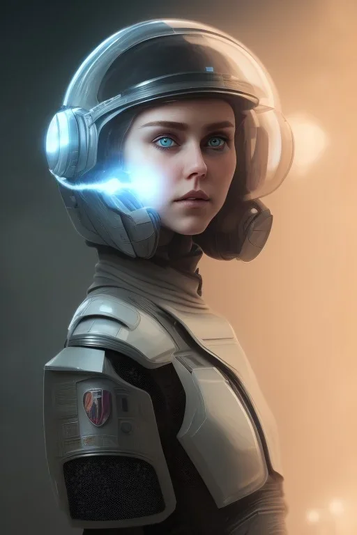 Black intergalactic pilot AnnaSophia Robb, portrait, bright white eyes, wearing high tech pilot helmet, beautiful face, white smoke, dark, rage, sorrow, high definition, ultra 8 k, volumetric lighting, blue fire, fog