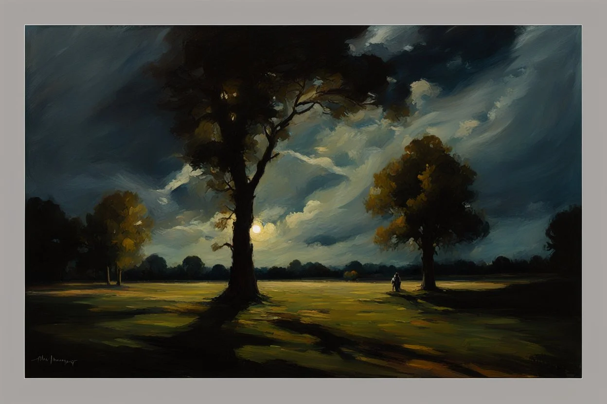 Trees, night, clouds, one person, 2000's sci-fi movies influence, alfred munnings impressionism painting