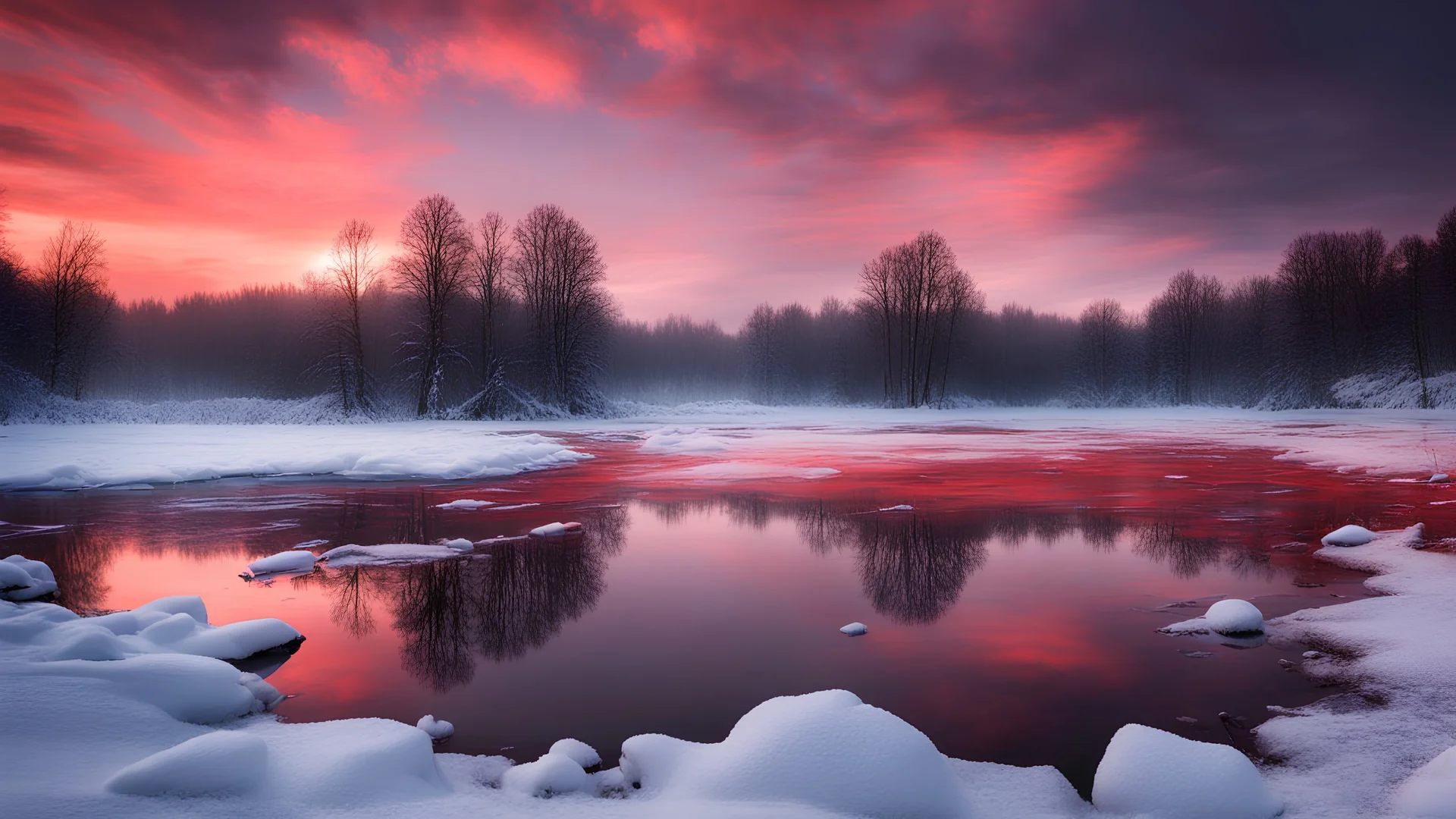 Nature, lighting atmosphere, red sky, a frozen small lake, deep forest, snow, clouds