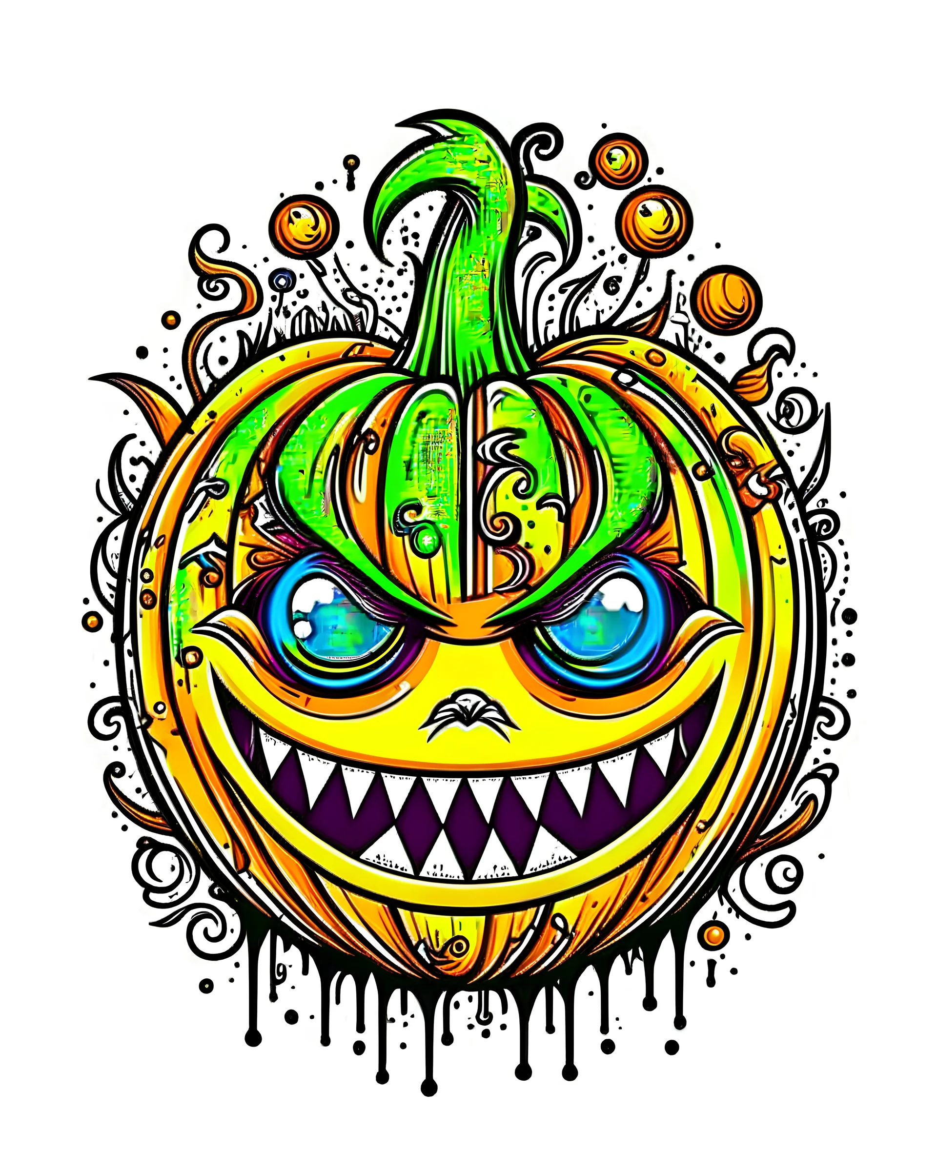 vector t-shirt art ready to print colorful graffiti illustration of a Halloween pumpkin, cute, action shot, vibrant color, punk, high detail, white background