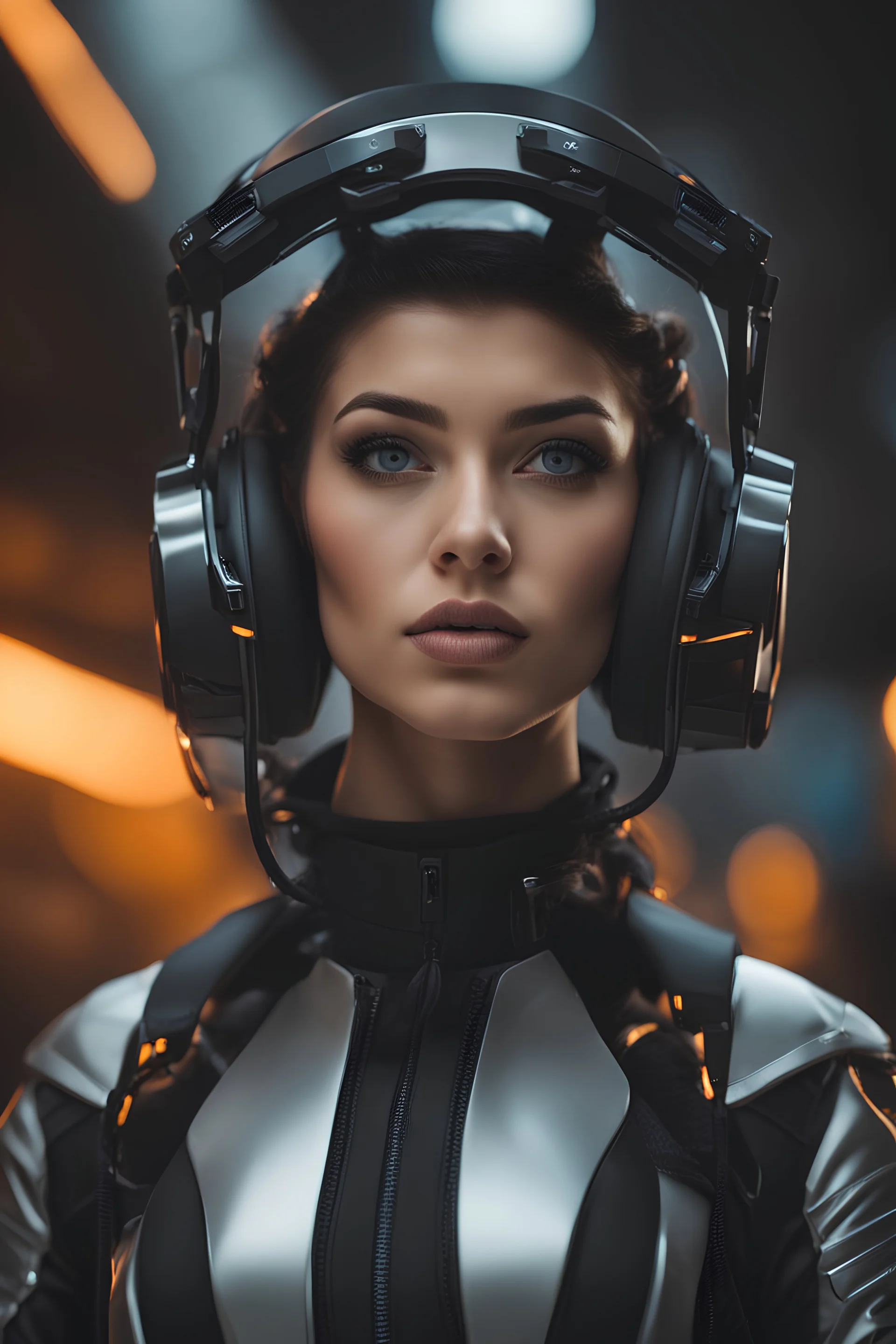 Ultra realistic photo of a sci-fi cyberpunk girl. High-tech futuristic woman from the future. The concept of virtual reality and cyberpunk. , futuristic style, HOF, captured with professional DSLR camera,64k, ultra detailed,