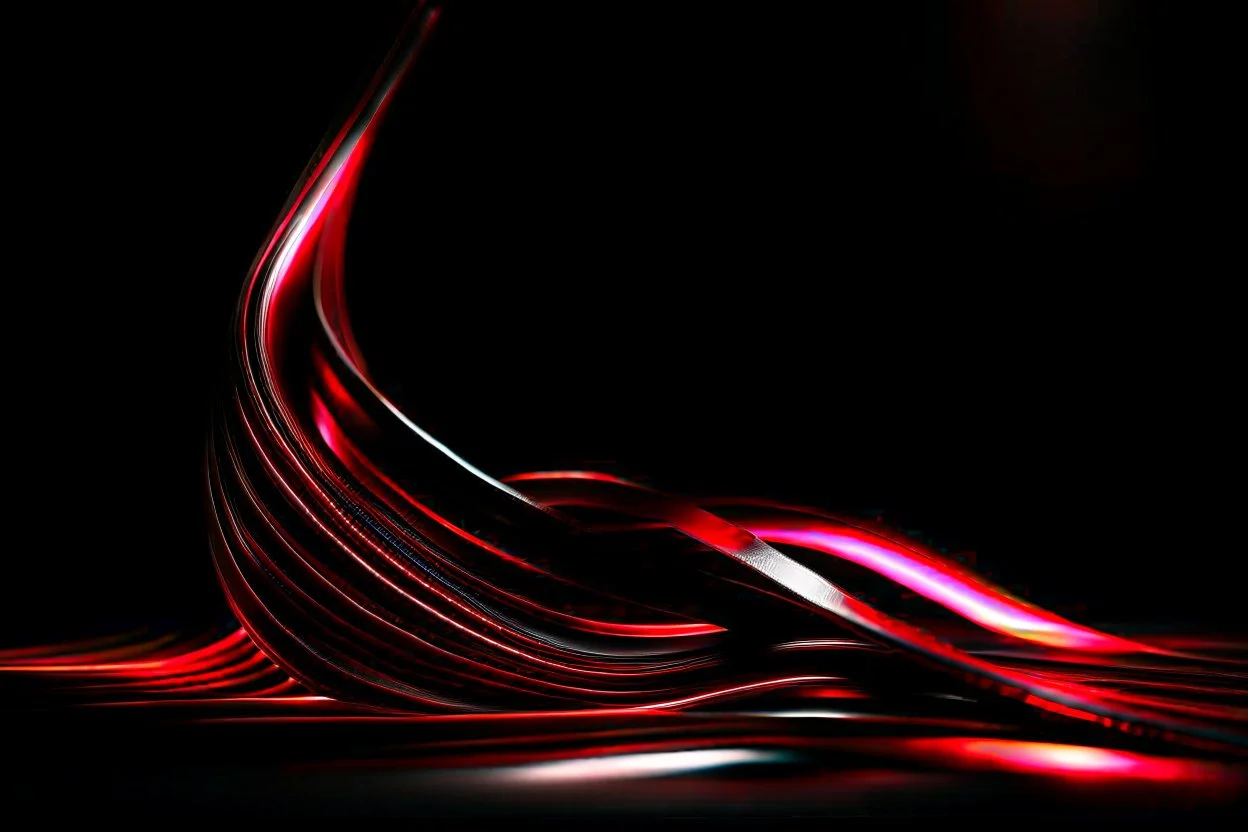 A striking abstract composition featuring flowing, high-shine red ribbons set against a deep black void. Diagonal architectural curves meet soft, out-of-focus golden light orbs. Bright reflective surfaces create a high-contrast look with a luxurious, high-tech feel. Cinematic color grading, sharp focus on textures.