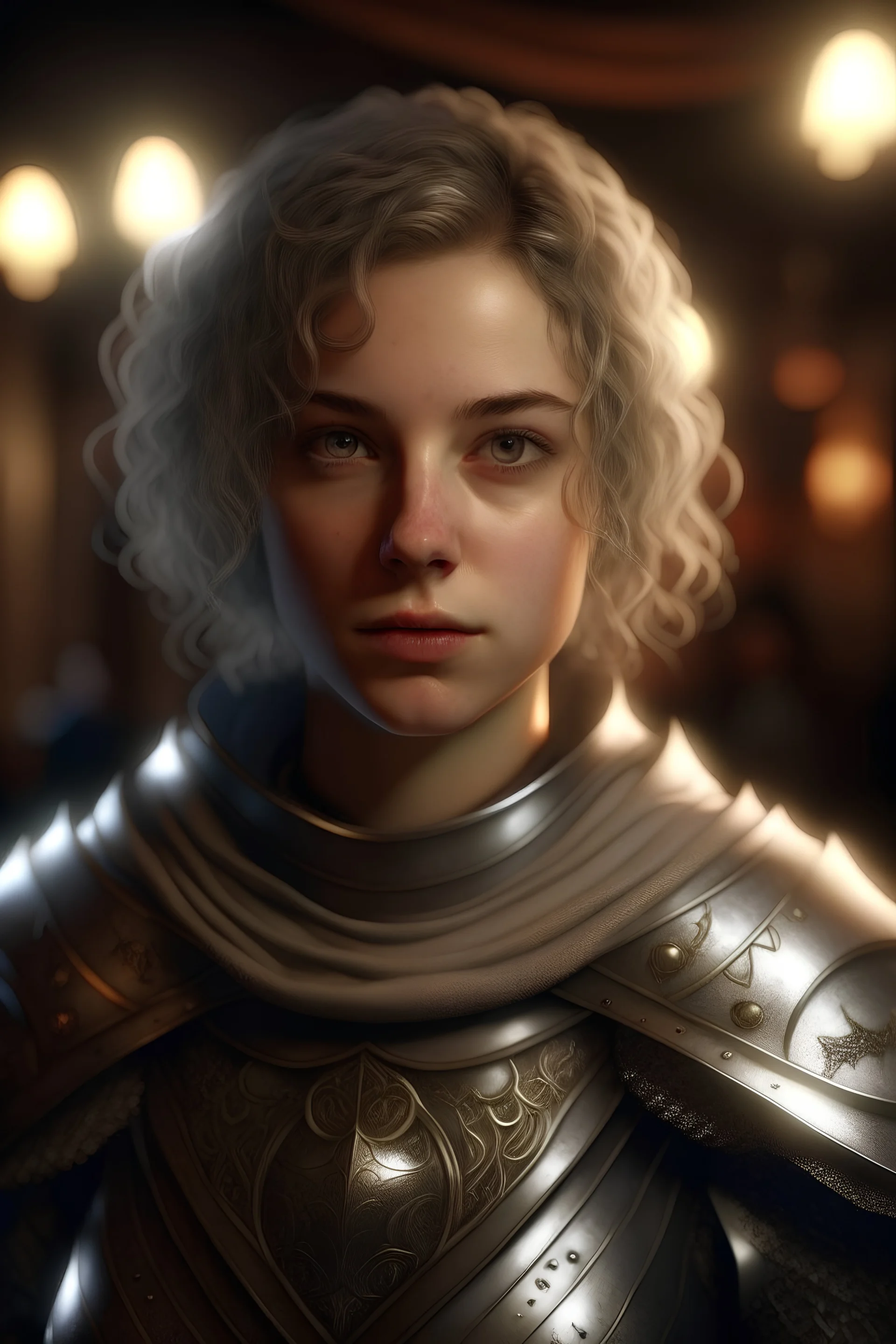 portrait of a beautiful female young paladin, messy short curly ashen hair, pale grey eyes, pale skin, dressed in an ornamented light plate armor, wearing a hood and a silver circlet, confident, evil, unholy symbol, standing in a tavern, realistic, dim torch lighting, sexy, cinematic lighting, highly detailed face, very high resolution, looking at the camera, centered