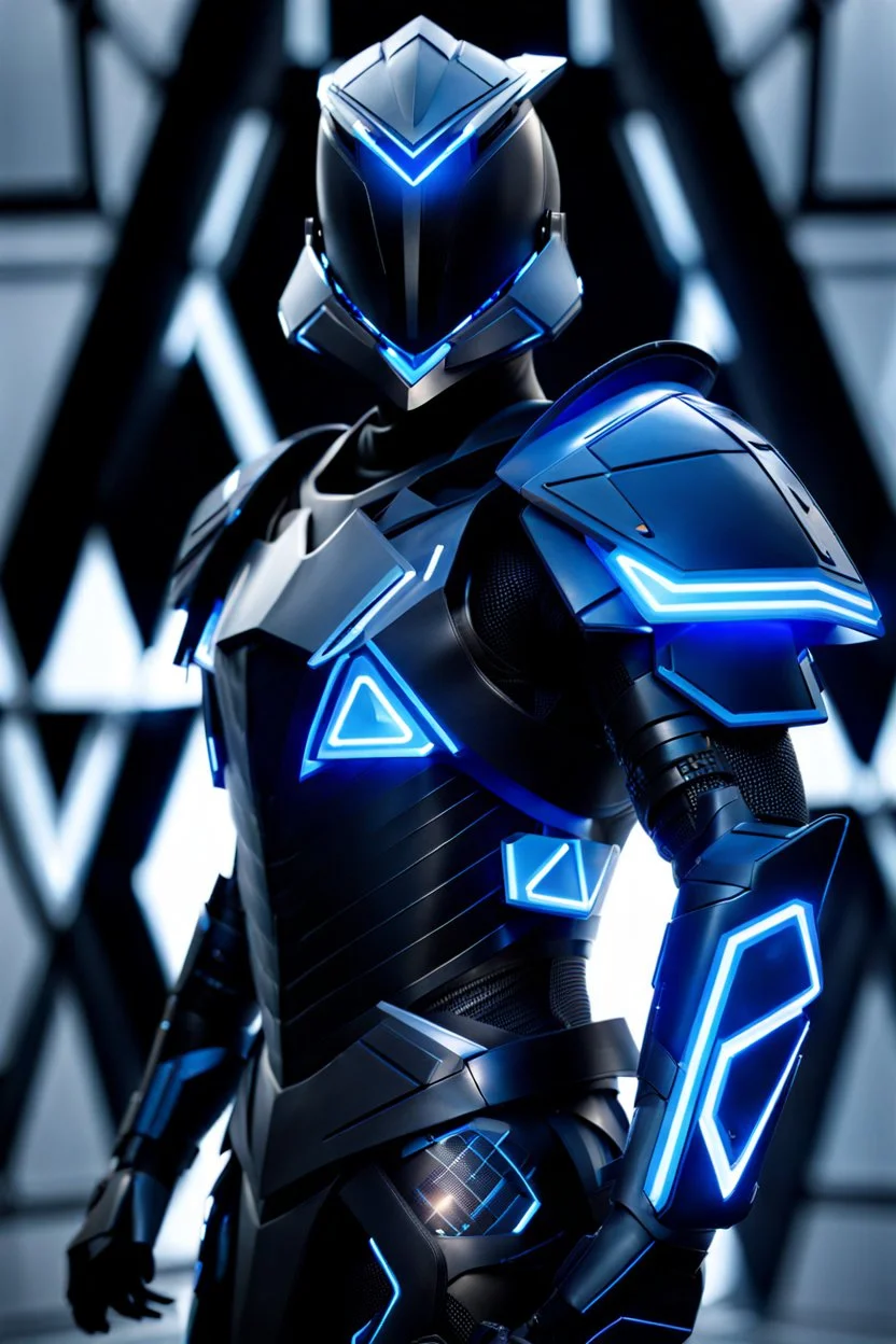 neon blue, flying parts of armor in form of triangles, cyber armor, geometric patterns on armor, male, orbiting triangle