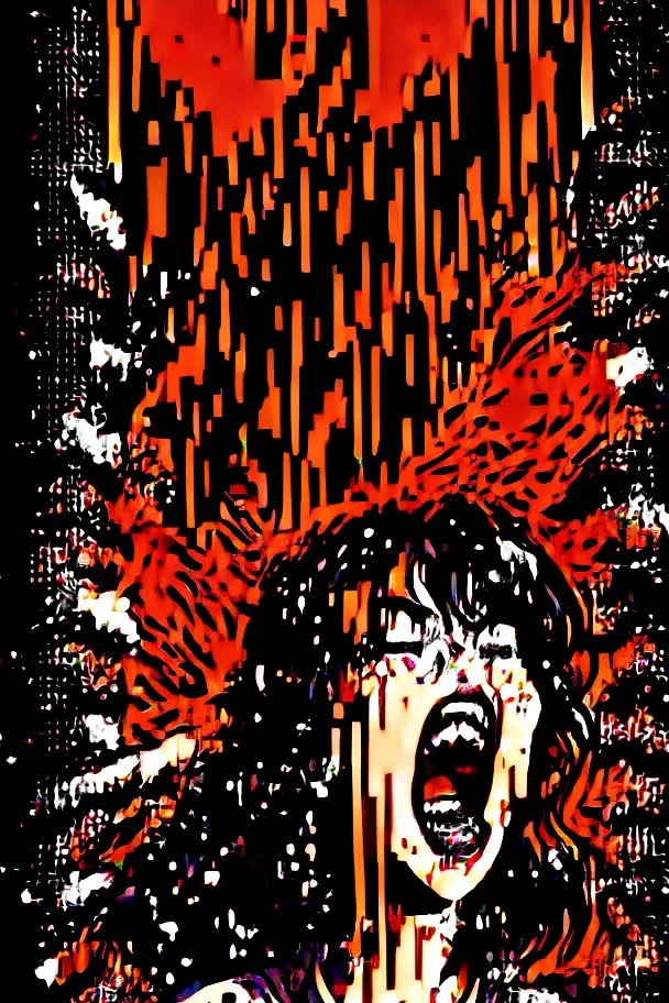 90s Japanese horror illustration, cartoonist Anime art, a woman screaming beheaded, bloody, splatter, gore art, pixelated art, high definition, giallo style, dario argento,