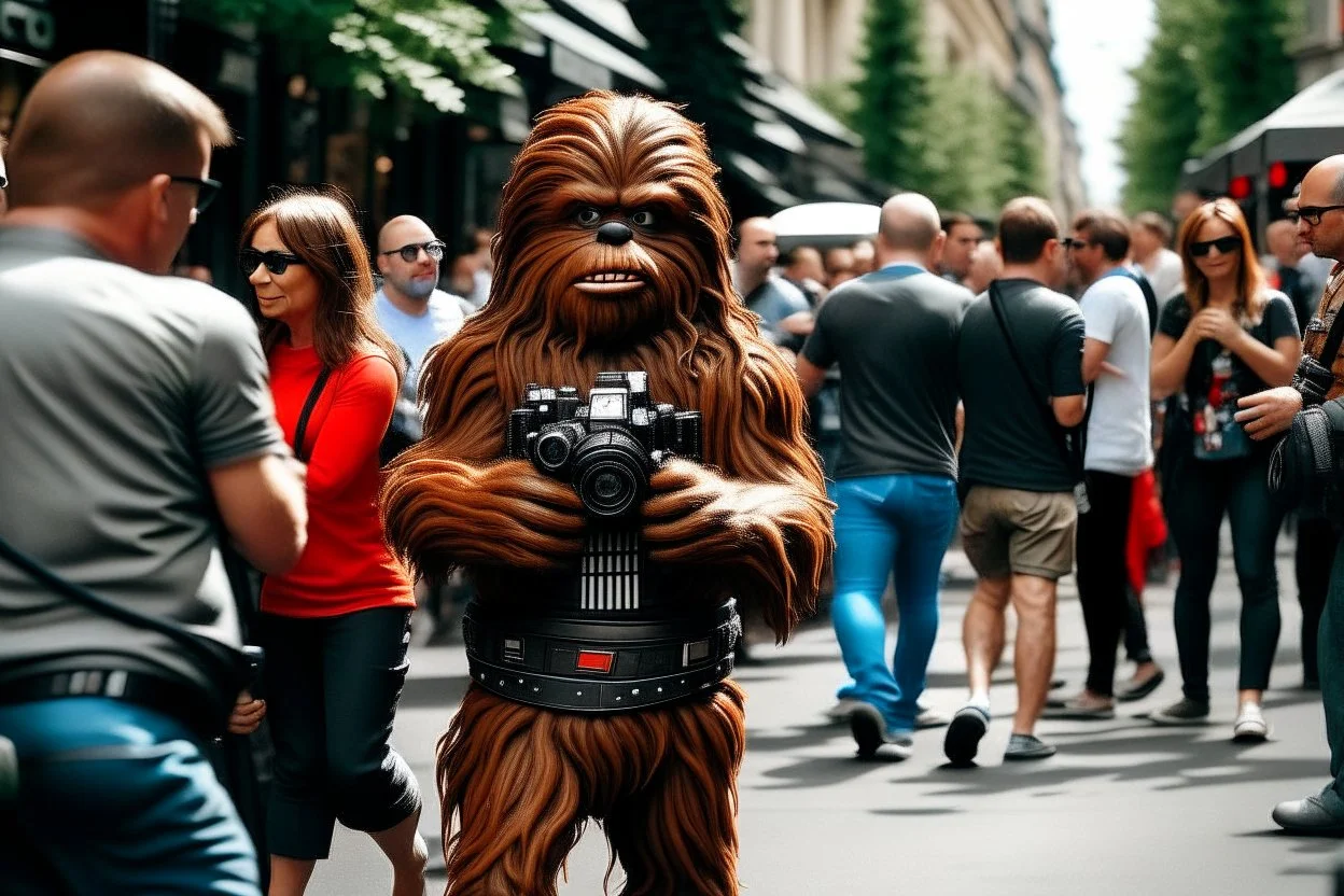 Chewbacca perdido en la gran ciudad, entre el bullicio de la gente fotografía, disparo cámara Leica