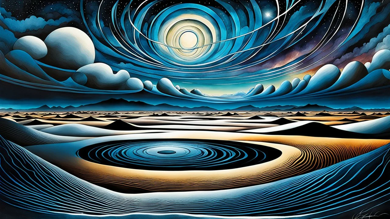 Abstract Landscape in surreal iced desert. The scene features circles and ovals, all enhanced by overlapping shadows and reflections, adding depth and dimension. The sky is dramatic, filled with swirling dark clouds and lightning, creating an intense atmosphere. The color palette consists of rich, deep hues, shdows and lights, watercolor and dark ink techniques brings a cinematic and dreamlike, stunning