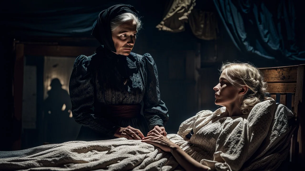 cinematic photograph set in a dimly lit, old-fashioned little village room. An elderly midwife dressed in a vintage black dress and black European headscarves stands beside an old wooden bed, her gaze focused on a young blonde woman lying down. The young woman wears a linen dress, her face hidden by the shadows cast by the sparse lighting and her long hair. The atmosphere is sinister, tense and dramatic, with a sense of impending danger and high detail, creating a realistic and sharp focus