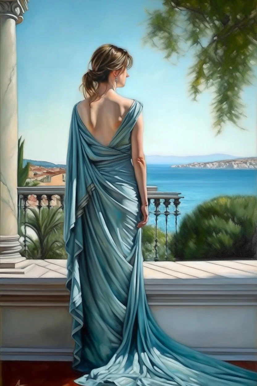 Neoclassicism mother whole body zoom out realistic cote d'azur painting from the back