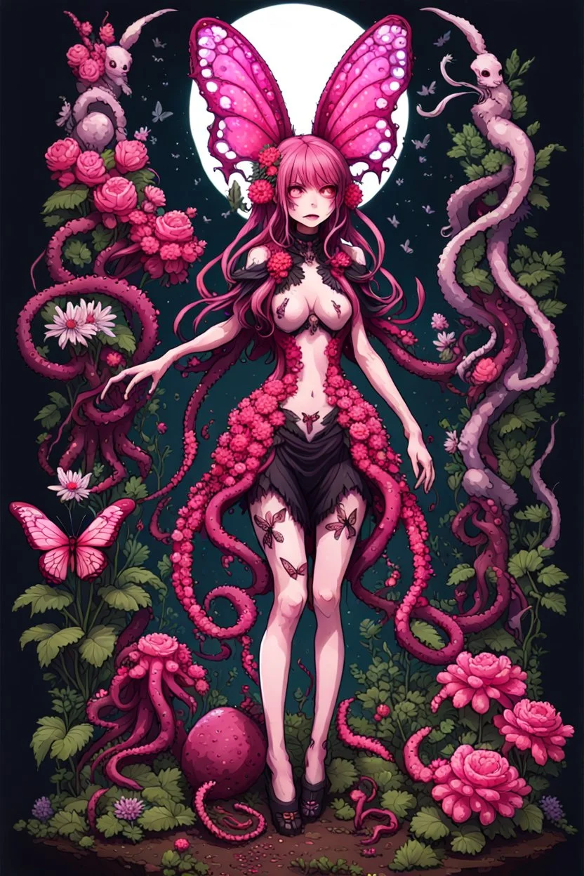 8bits, pixel art, butterfly, highly detailed, pink, rabbit, blood, scythe, goth woman, leaning pose, full body, squid, intricate detail , plants, wildflower, nest, octopus, fly,Demon girl, creepy, horrifying, sinister, sparks out her mind, fullbody, rare pose, terrario with universe in, high lighting, intricate,sparks around,enchanted girl with cyberkatana,darkred slime Goth girl,