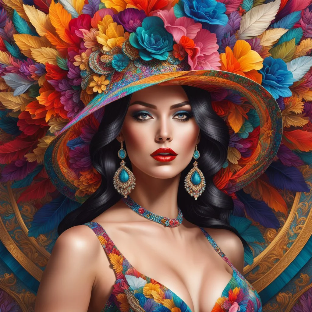 Hermosa mujer con sombrero y vestido coloridos, calidad ultra, hiperdetallado, increíble obra de arte, maximalista,12k