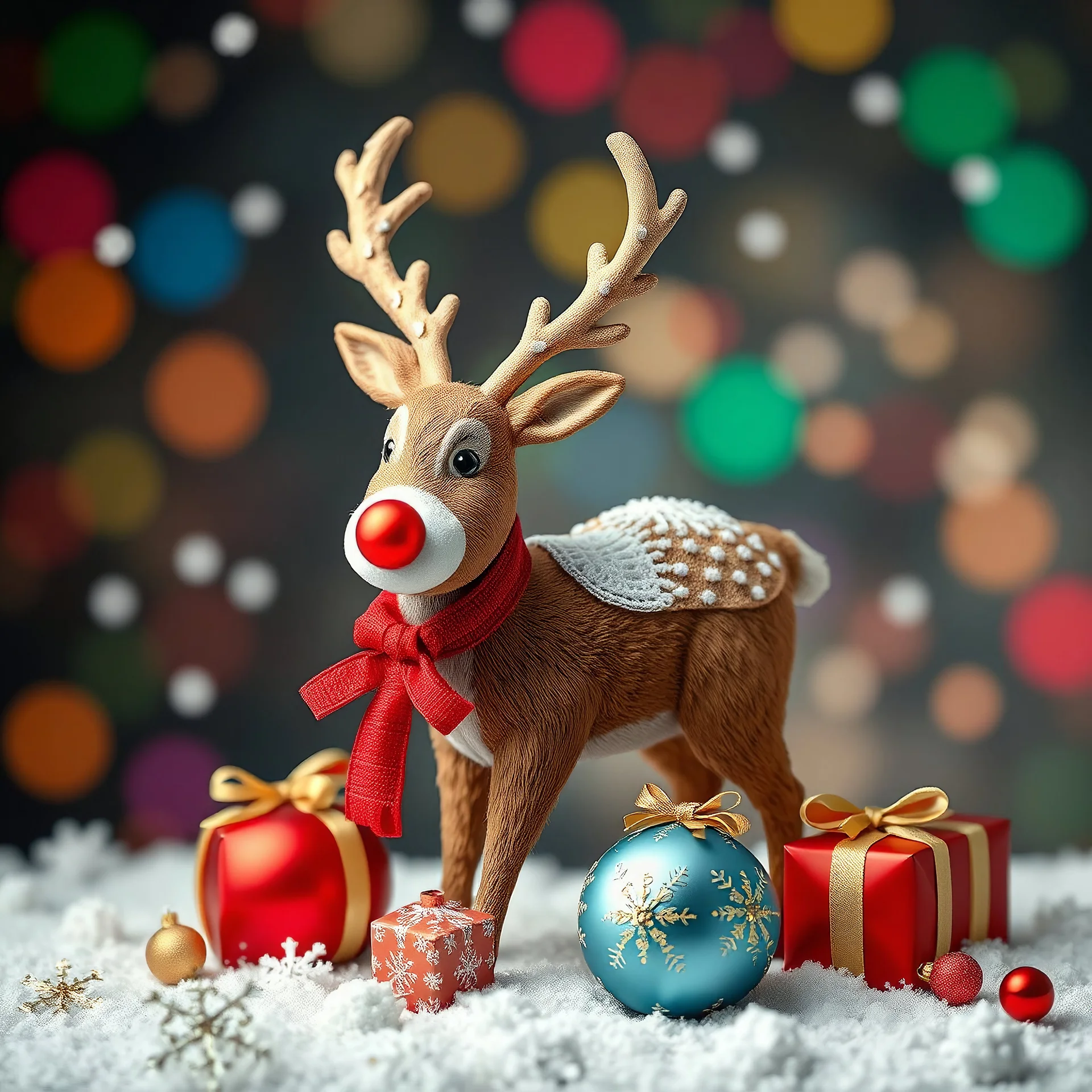 Create reindeer with gifts and balls around small snowflakes and multicoloured background