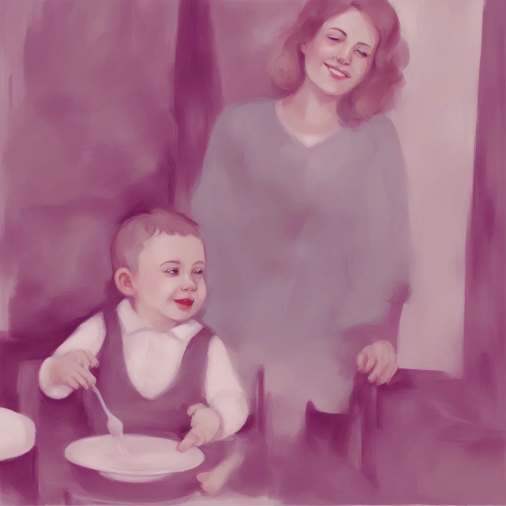 A mother sits on a chair and looks at her son with a smile and lots of love, digital art, cartoon style high quality, high resolution,