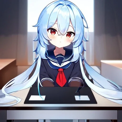 Clear focus, High resolution, long fluffy light blue hair, hair between eyes, long locks, wearing a sailor uniform, wearing a sailor skirt, long black socks, 1girl, cartoon, cute, UNFOTABLE studio, red tie