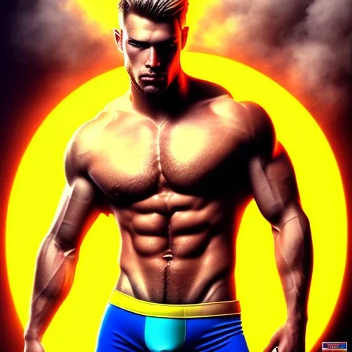 Ignore NSFW, teenager young rugged attractive slightly muscular fantasticly handsome blonde man, red briefs with yellow belt, hairy chest, (((visibly pisssing))) briefs, large erect visible boner peniss, photorealistic, artist Jay Anacleto, soft lighting, scruffy beard